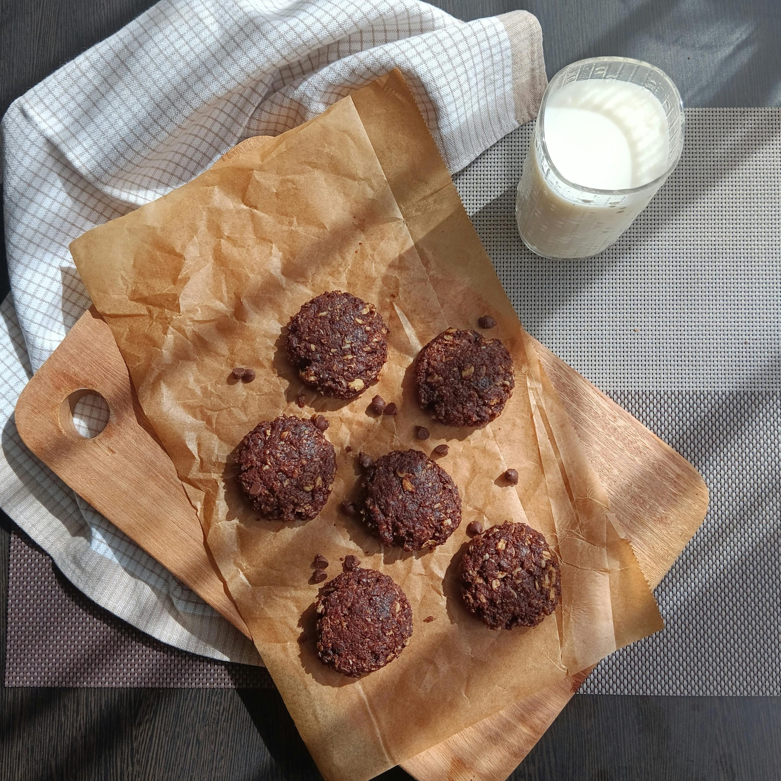 Top View of Freshly Baked Cookies and a Glass of Milk